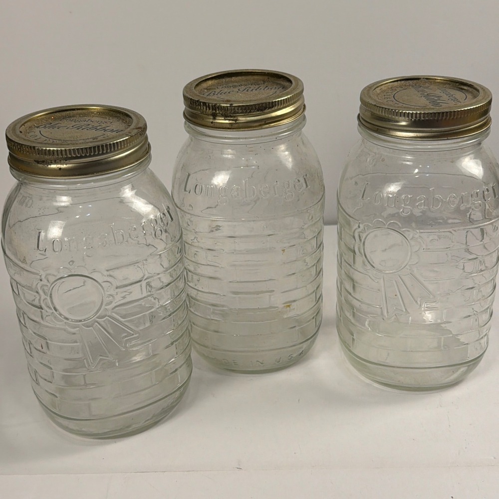 Longaberger Blue Ribbon Collection Lot of 3 Quart Canning Jars Made in USA
